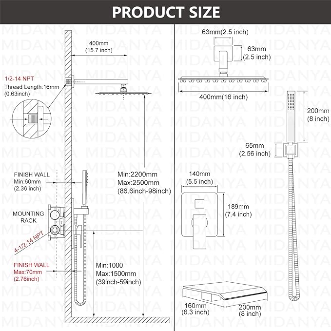 Midanya Shower System with Tub Spout, Bathtub Shower Faucet Set with Square - Image 6