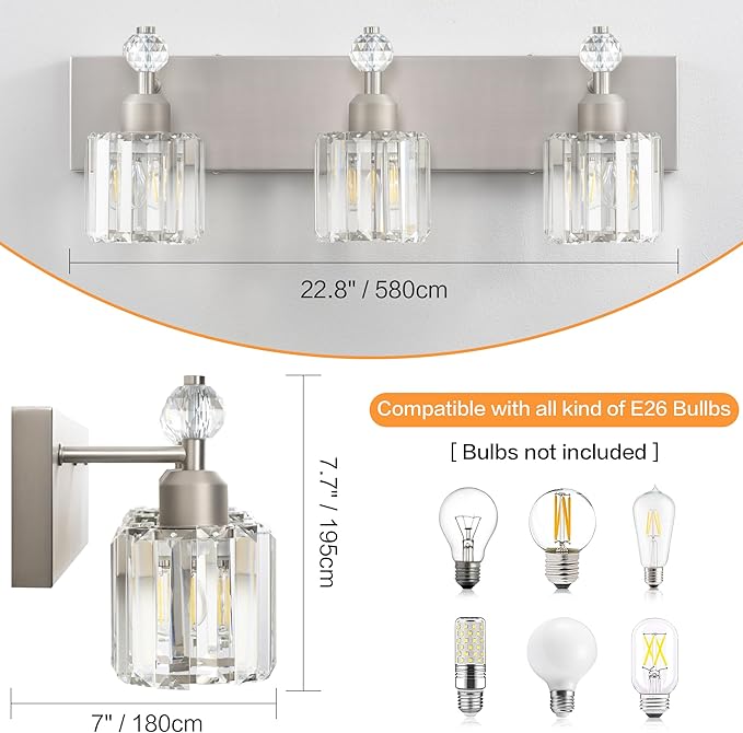 PRESDE 3-Light Crystal Bathroom Vanity Light, Brushed Nickel Bath Lighting Over - Image 3