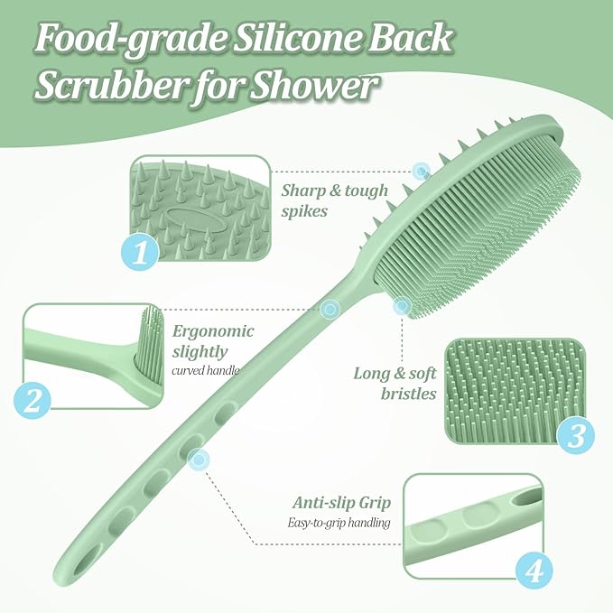 Silicone Back & Face Scrubber & Bath Glove Set 3PCS, 13.4'' Gentle Back Scrubber - Image 3