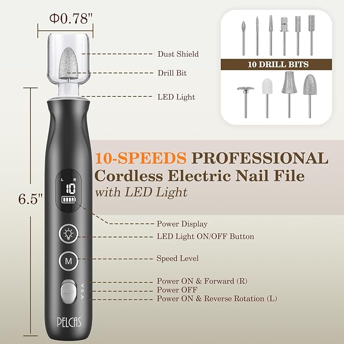PELCAS Electric Nail Grinder, 10 Speeds Cordless Nail Drill - Image 5