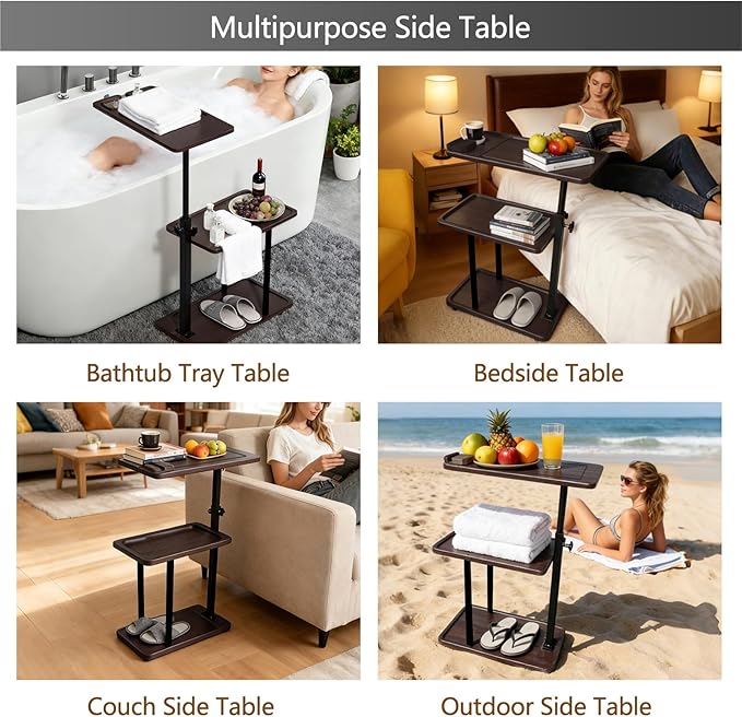 3 Layer Bathtub Tray Table, Bamboo Swivel Bathtub Side Table Height Adjustable - Image 7