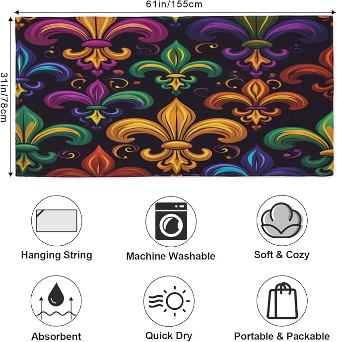 Colorful Mardi Gras Fleur De Lis Beach Towel Oversized Quick Dry Beach Blanket - Image 2