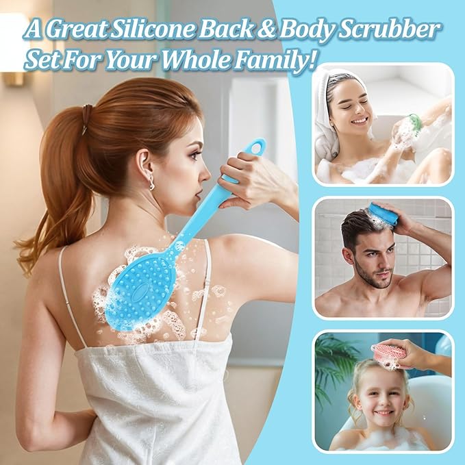 Silicone Back & Face Scrubber & Bath Glove Set 3PCS, 13.4'' Gentle Back Scrubber - Image 9