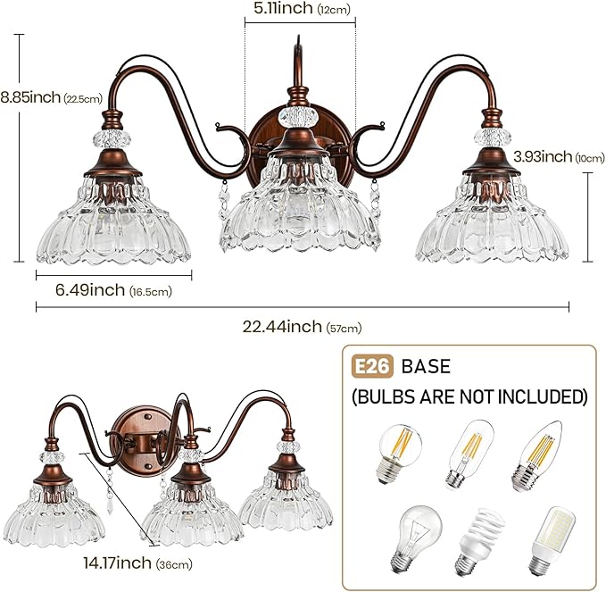 Vintage Bathroom Vanity Light, 3-Light Matte Antique Red Bronze Finish Wall - Image 6