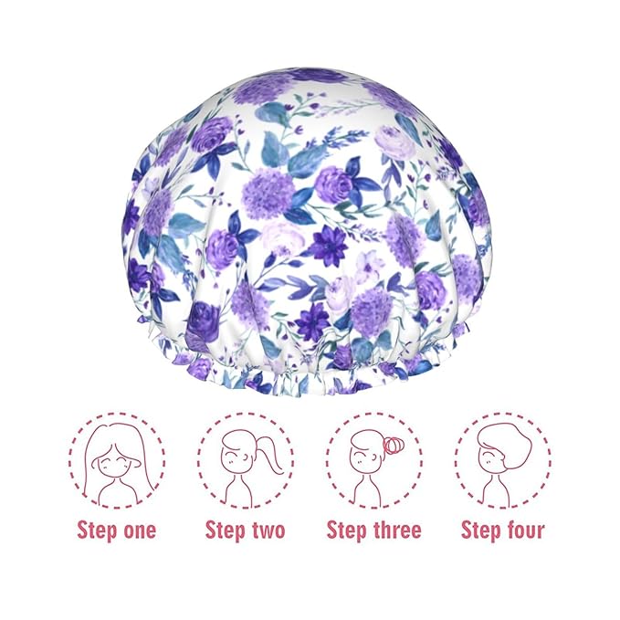 Violet Purple Rose Shower Cap For Women Adjustable Double Waterproof Layers - Image 7