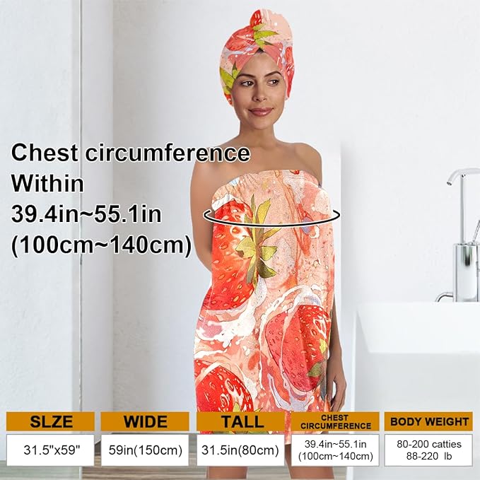 Women’s Strawberry Print Bath Towel and Hair Wrap Set, Soft Absorbent - Image 3