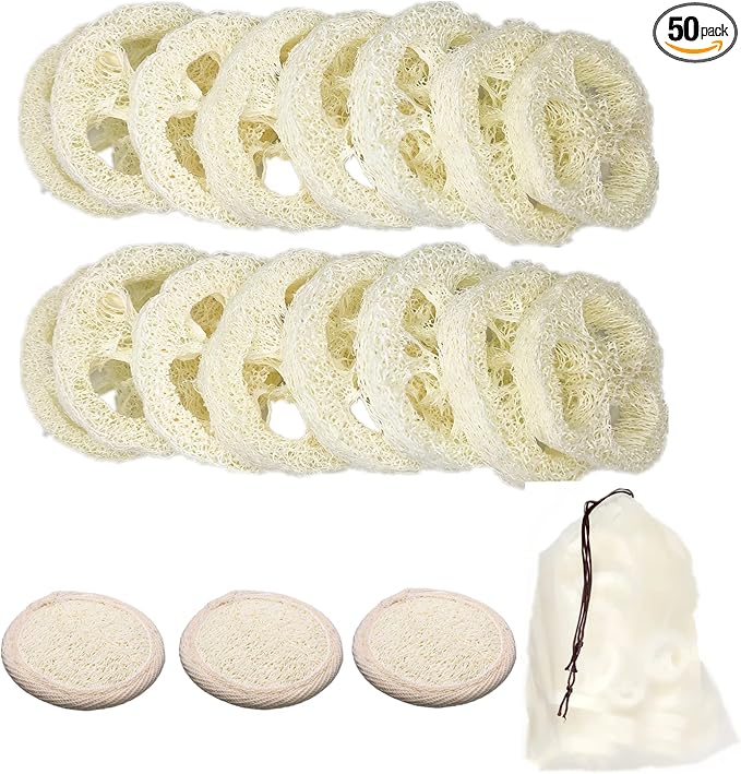 50Pcs Natural Loofah Slice of 1.96inch, Reusable Natural Loofah Cuts by ENLAYER