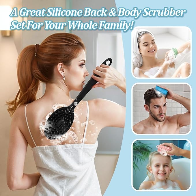 Silicone Back & Face Scrubber & Bath Glove Set 3PCS, 13.4'' Gentle Back Scrubber - Image 9
