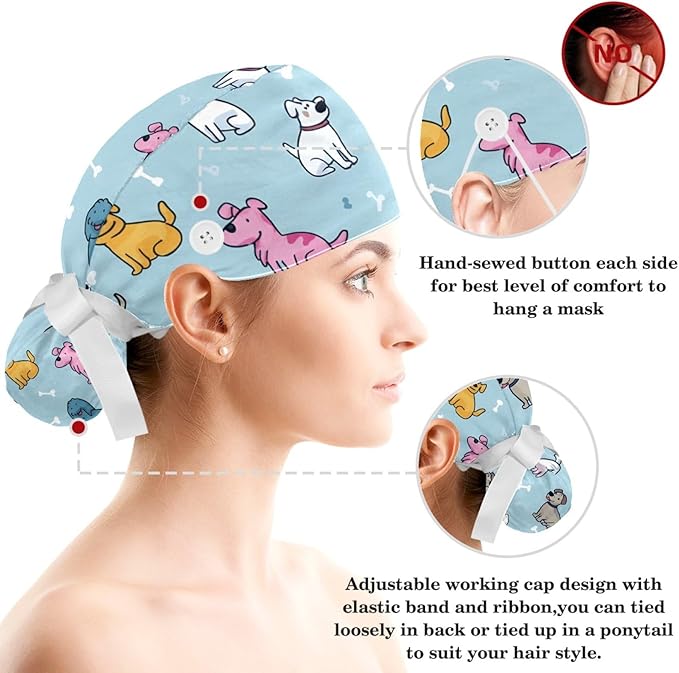 Scrub Caps Women Ponytail Cute Pink and White Leaves Caps Bouffant Working Hat - Image 3