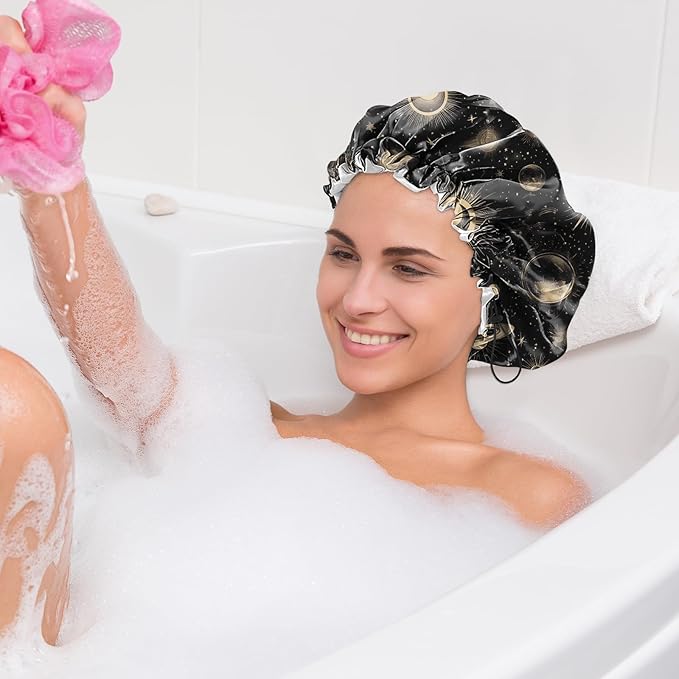 2 PCS Shower Cap Waterproof Double Layer Elastic Adjustable Reusable Hair Bath - Image 7
