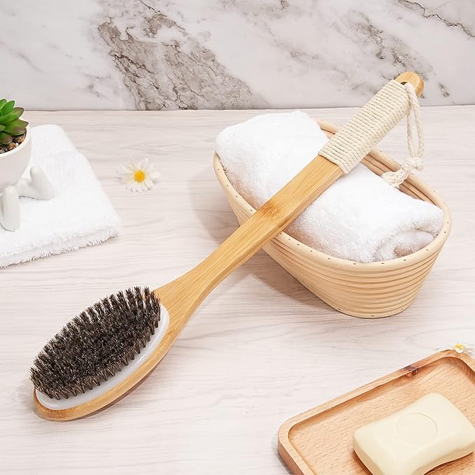 eaxun Bamboo Shower Brush with Curved Long Handle, 16.7 Inches Exfoliating Back - Image 7