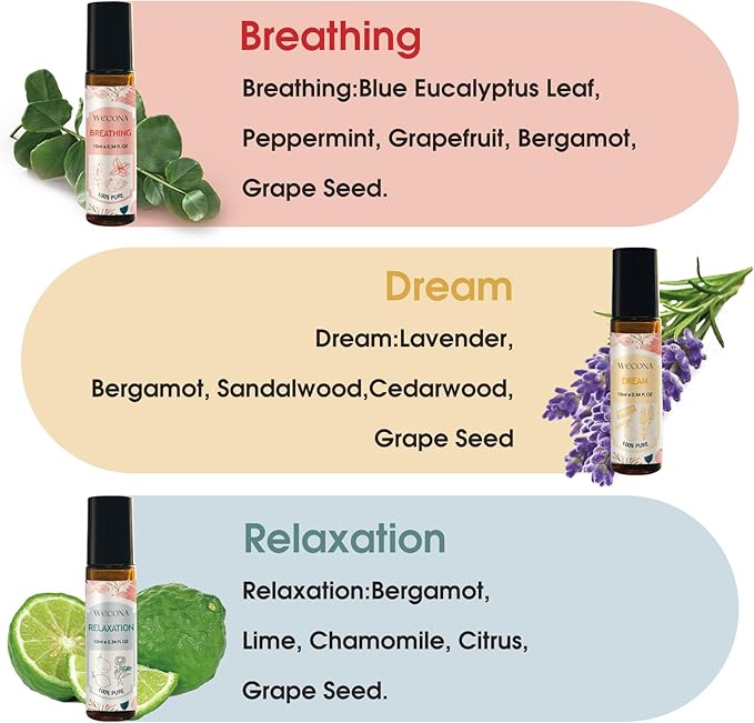 Wecona Aromatherapy Essential Oil Roll-On Set – 6x10ml Essential Oil Blends - Image 2