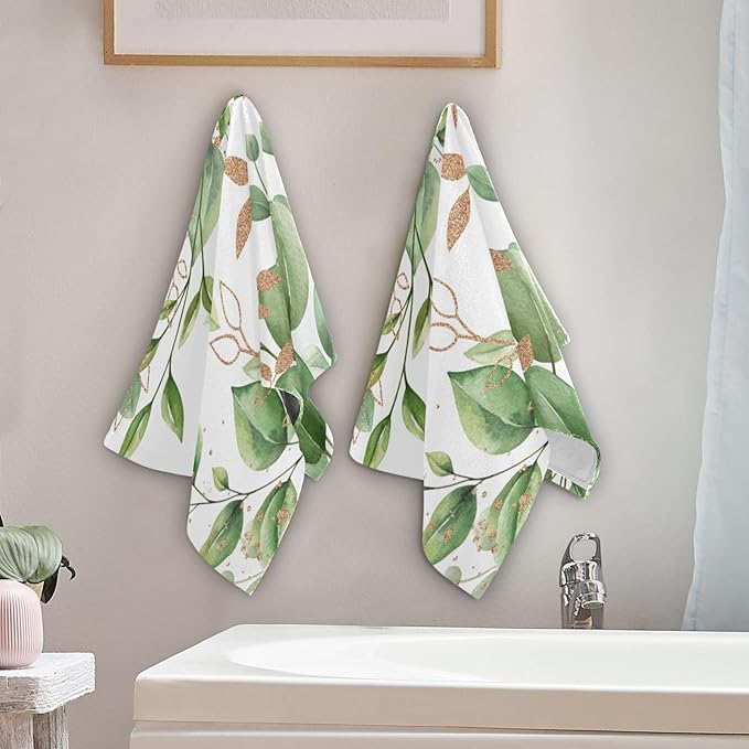 Green Gold White Leaves Hand Towels - Image 3
