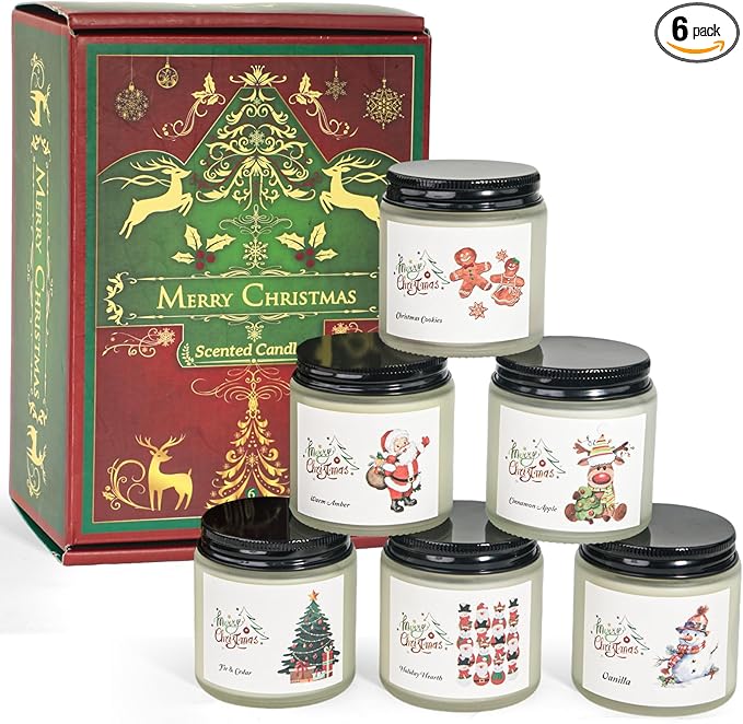 Christmas Scented Candles for Home, 6 Pack Soy Set, 21 oz Jar, Perfect Gifts by FKJOL