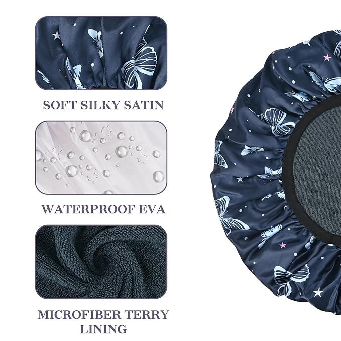 Blue Butterfly Print Satin Shower Cap, Three-Layer Terry Cloth Lined, - Image 3