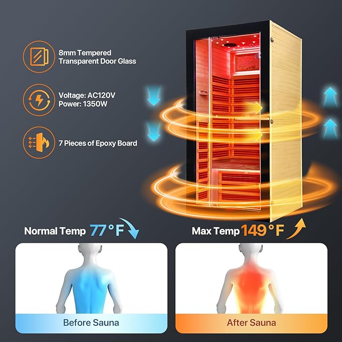 OUTEXER One Person Sauna Far Infrared Saunas Room Obeche Wood 1350W Dry Saunas - Image 7