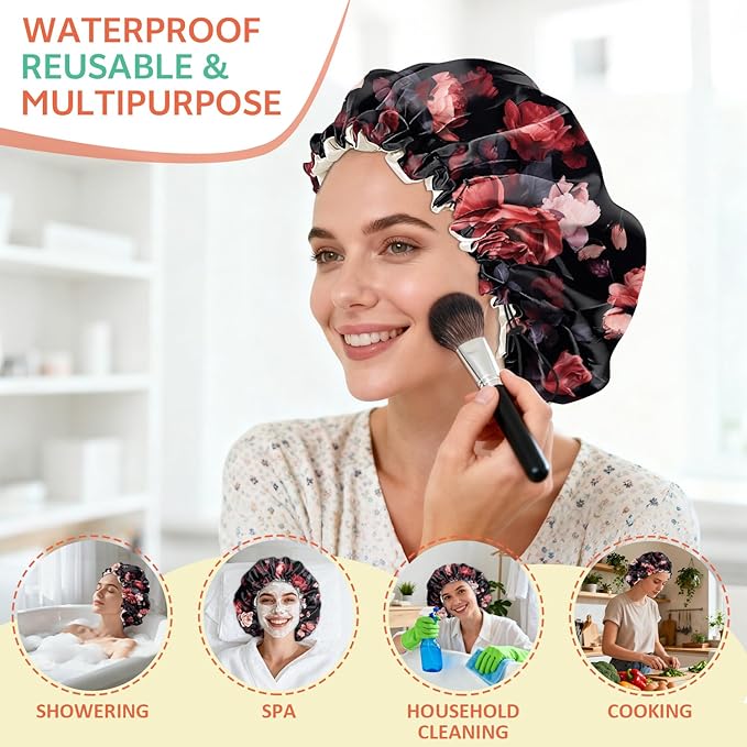 Shower Cap Reusable Double Layer Adjustable Elastic Waterproof EVA Hair Bath - Image 6