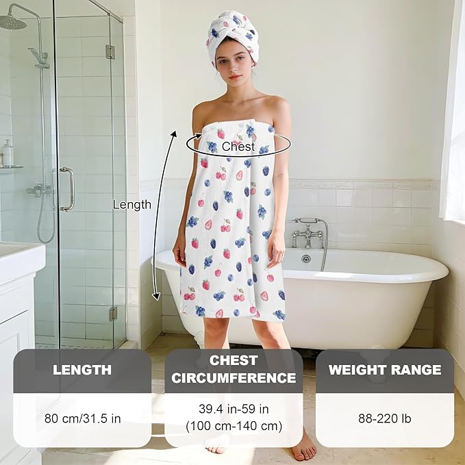 Absorbent Bath Towel Wrap Set for Women, Berries Print Towel Wrap After Shower - Image 3