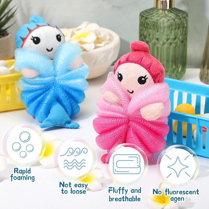 Nuenen 2 Pcs Bath Loofahs Kids Toddler Cute Cartoon Bath Sponges Loofah Pouf - Image 4
