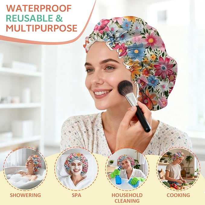 Shower Cap Reusable Double Layer Adjustable Elastic Waterproof EVA Hair Bath - Image 6