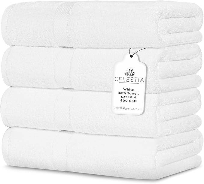 600 GSM 100% Cotton Bath Towels, Highly Absorbent, Quick Dry, 4 Pieces Combed by VillaCelestia