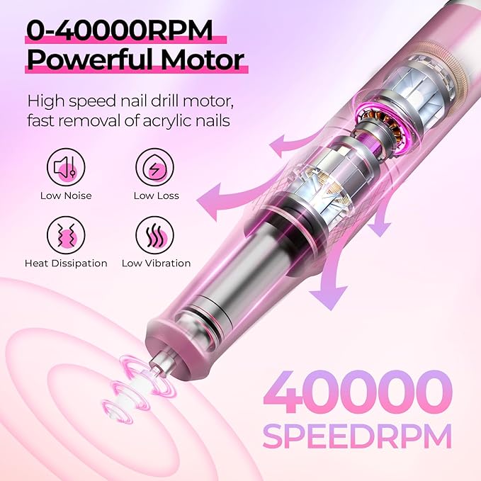 JOSGLOI Electric Nail Drill Professional: Shiny 40000RPM Electric Nail File Kit - Image 2