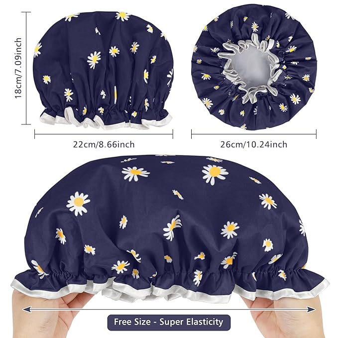 Waterproof Shower Caps for Women, Pattern And Solid Color Dual-Layer Design For - Image 3
