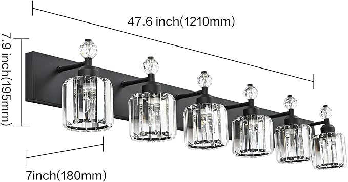 PRESDE 6-Light Crystal Bathroom Lights Fixtures Modern Matte Black Bathroom - Image 4