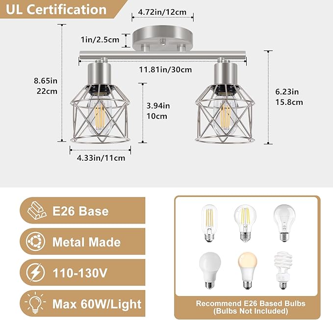 Baocuz 2-Light Brushed Nickel Semi Flush Mount Ceiling Light, Hallway Light - Image 2