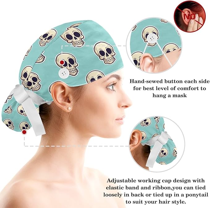 Scrub Caps Women Ponytail Cute Pink and White Leaves Caps Bouffant Working Hat - Image 3