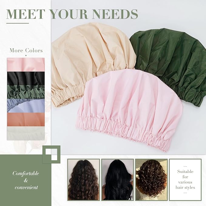 Reusable Shower Cap for Women, Large Waterproof Shower Bonnet Washable Elastic - Image 5