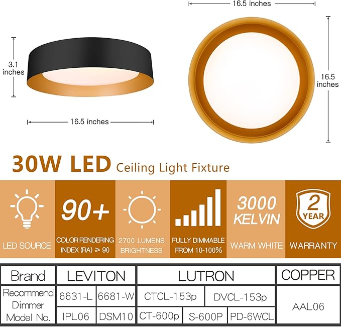 Bargeni 16.5 Inch LED Ceiling Light Fixture, Dimmable Flush Mount Matte Black - Image 3