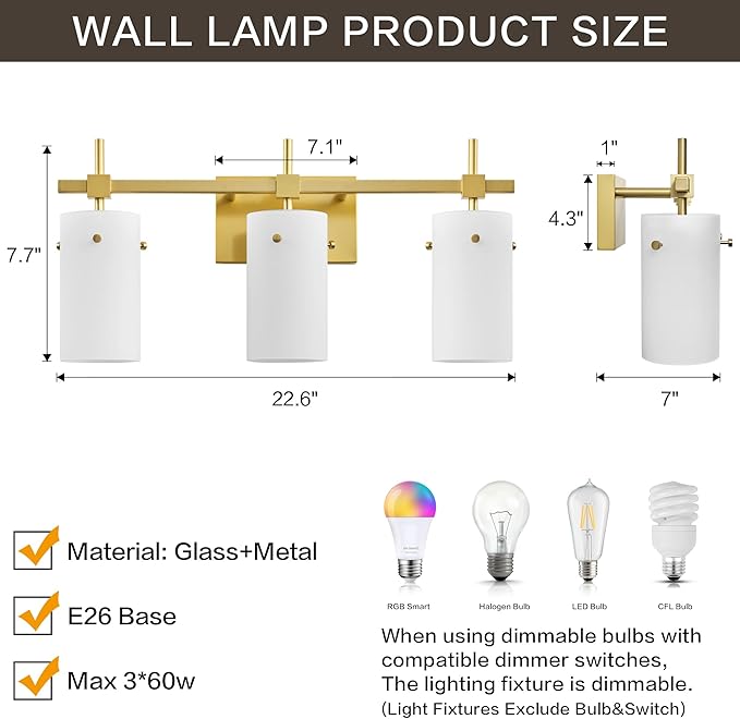 SOLFART 3-Light Bathroom Vanity Light, Modern Brushed Gold Wall Lights - Image 9