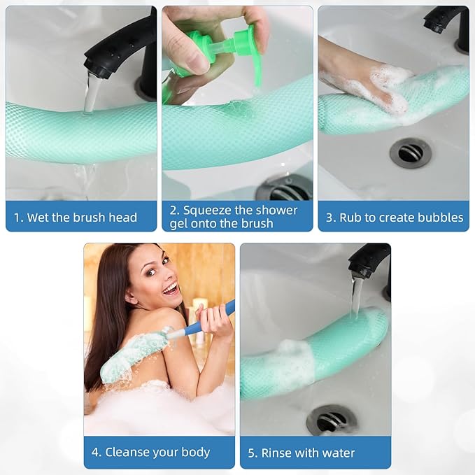 15.35" Back Bath Brush with Sponge, Back Scrubber Bath Mesh with Curved Long - Image 12