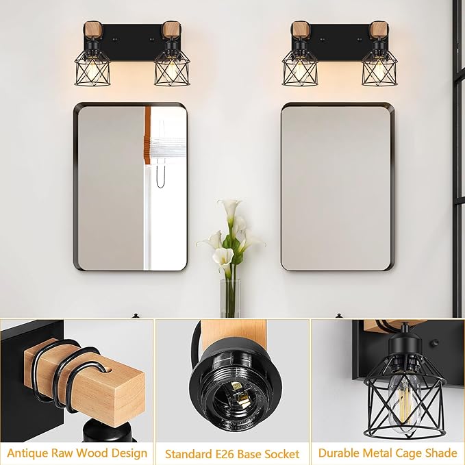 FadimiKoo 2-Light Farmhouse Bathroom Vanity Light Fixtures, Wood Bathroom - Image 3