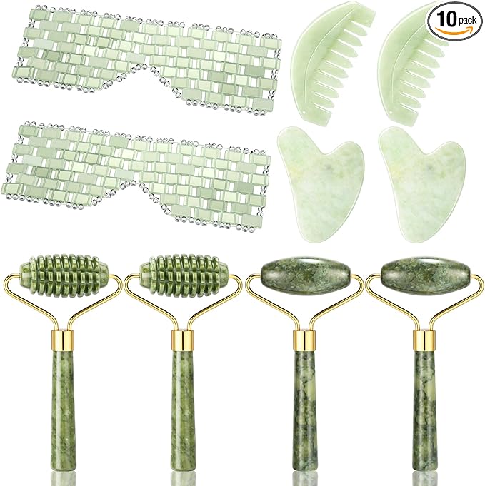 Sliner 10 Pcs Gua Sha Facial Tools Set Jade Eye Mask Scalp Hair Comb Spiked by Sliner