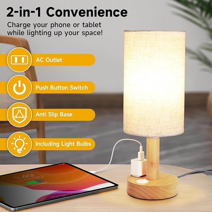 Small Bedside Table Lamp with AC Outlet, Natural Round Wood Base&Fabric Linen - Image 3
