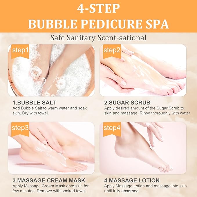 Pedicure Kit Foot Soak Set: Bubble Salt, Sugar Scrub, Massage Mask, Massage - Image 6