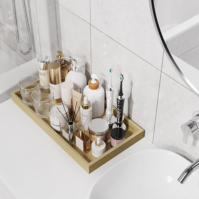 ZHWS Gold Bathroom Vanity Tray for Countertop Perfume Makeup Jewelry Candle - Image 2