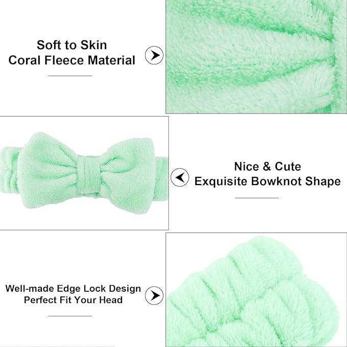 Casoty 6 Pcs Green Spa Headbands, Skin Care Headband, Soft Coral Fleece - Image 7