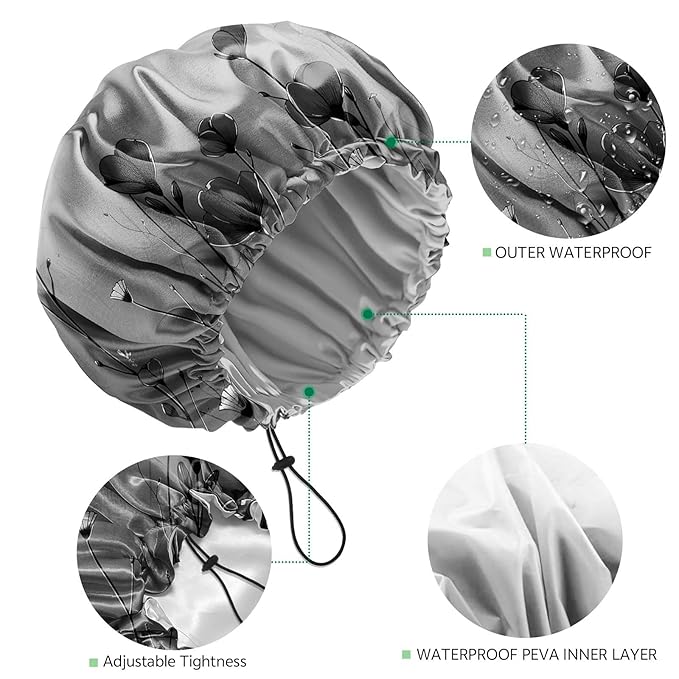 2 PCS Shower Cap Waterproof Double Layer Elastic Adjustable Reusable Hair Bath - Image 3