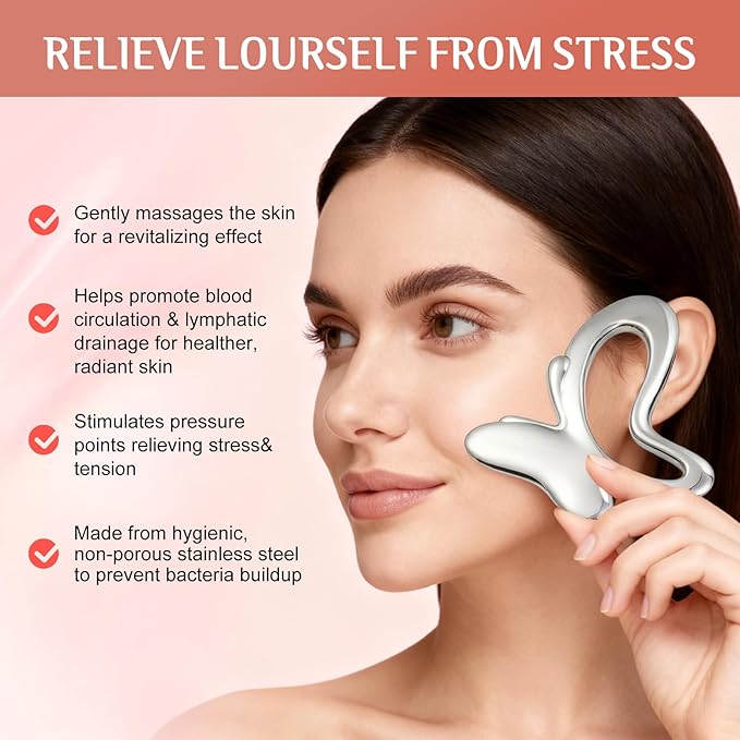 Gua Sha & Face Roller, Stainless Steel Gua Sha Facial Tools, Lymphatic Drainage - Image 3