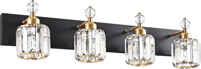 PRESDE 4-Light Crystal Bathroom Vanity Light, Modern Black and Gold Bathroom by HOME