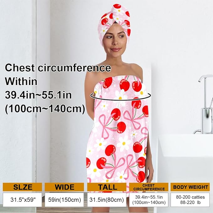 Cherry Bath Wrap with Matching Hair Drying Cap – Soft Microfiber Lightweight - Image 4