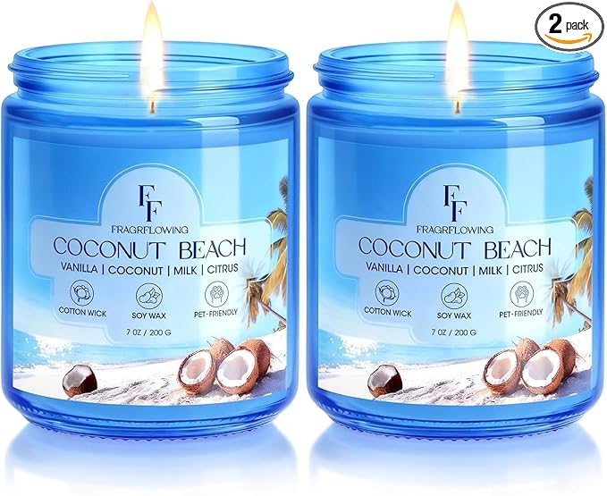 Coconut Beach Scented Candle, Natural Soy Wax Jar Candle by FFFRAGRFLOWING