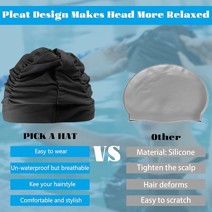 Swim Caps for Women Swimming, Comfort Pleated Swimming Cap for Long Hair - Image 3