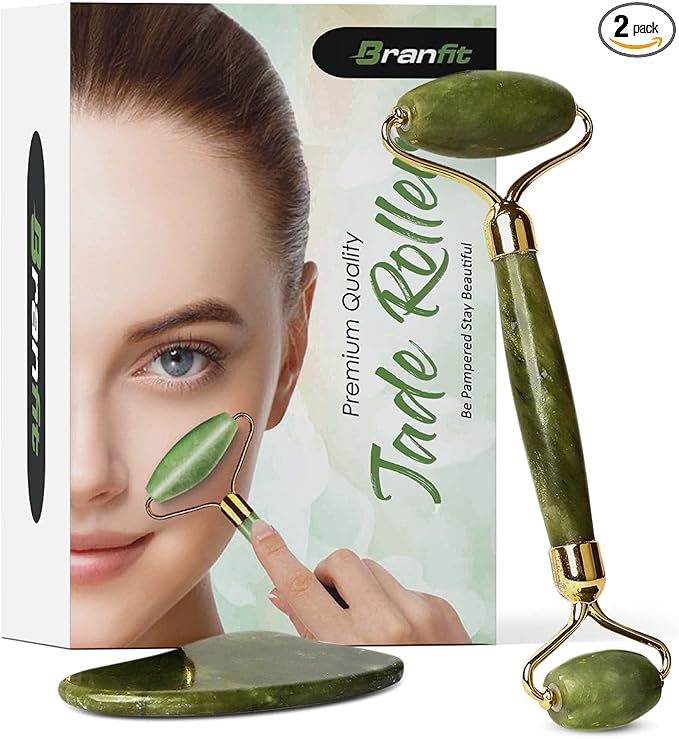 Gua Sha Massage Tool Jade Roller Skin Care Kit by Branfit, 100% Natural Jade by Branfit