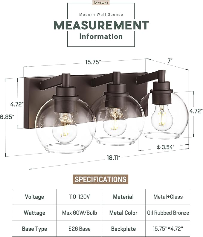 Bathroom Light Fixtures Over Mirror, 3-Light Oil Rubbed Bronze Vanity Light - Image 2