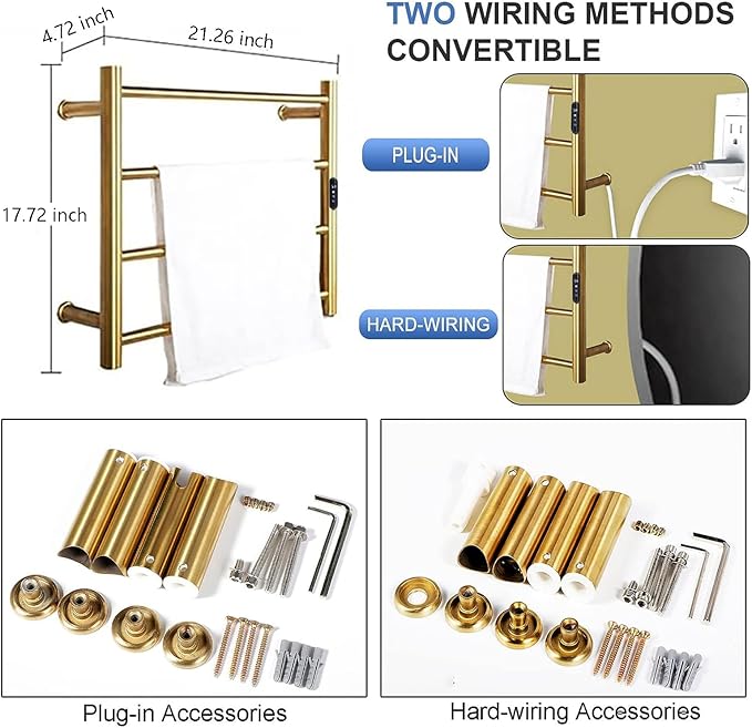 Heated Towel Rack Gold, 4 Bars Towel Warmer Rack - Image 6