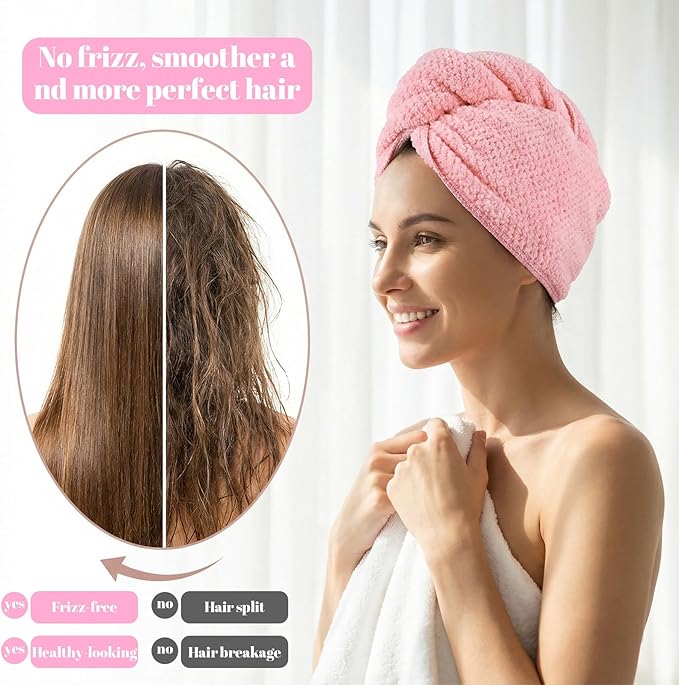 Pink Hair Towel, Large Quick Dry Microfiber Hair Towel Wrap Super Soft - Image 5
